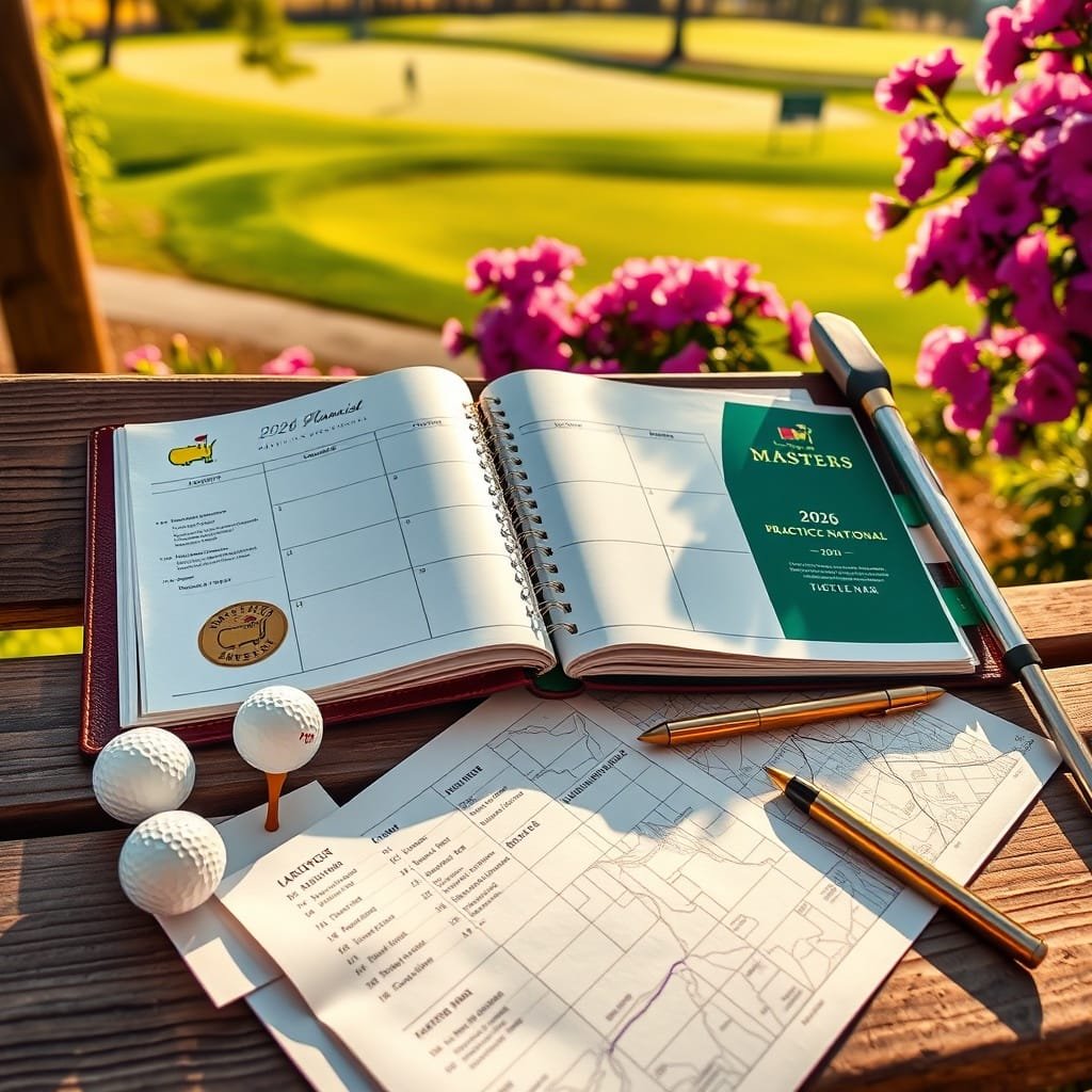 Open planner for 2026 Masters on a bench, tickets, golf balls, and clubs, with azaleas and fairway in the background. When is the golf masters?