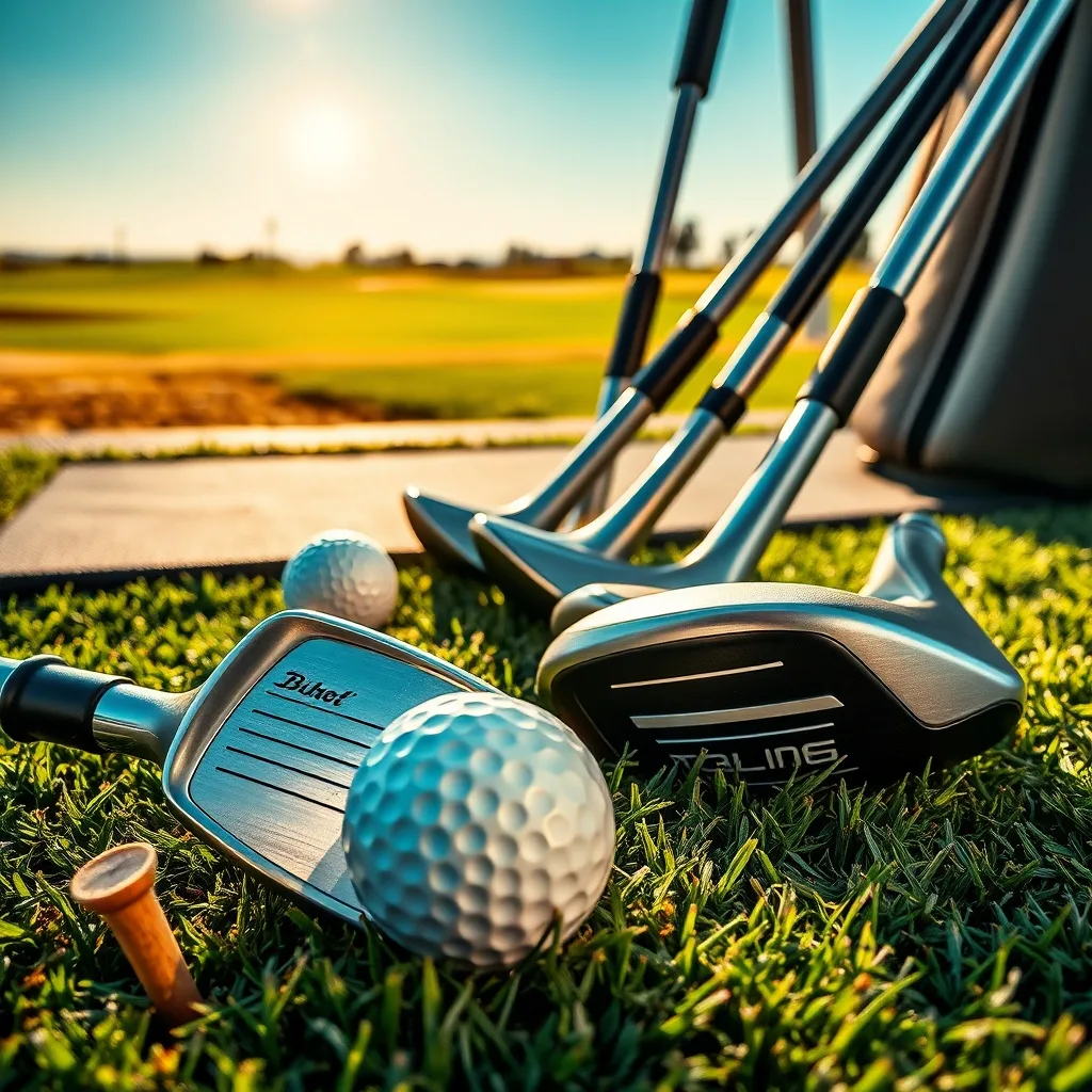 Macro shot of top golf sets for beginners: polished iron, dimpled ball, hybrid clubs, and a sunlit driving range.