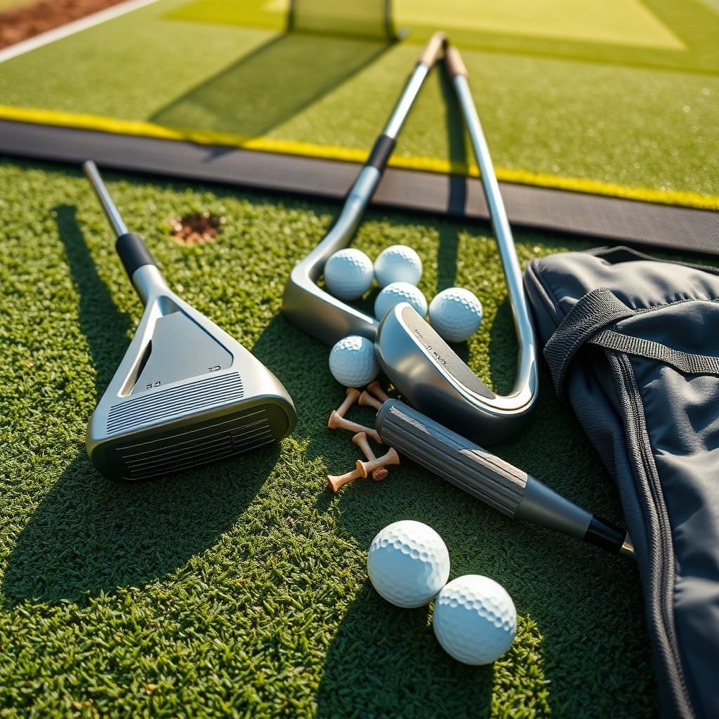 Curated flat-lay of top golf sets for beginners on turf, featuring clubs, balls, tees, and a carry bag in warm light.