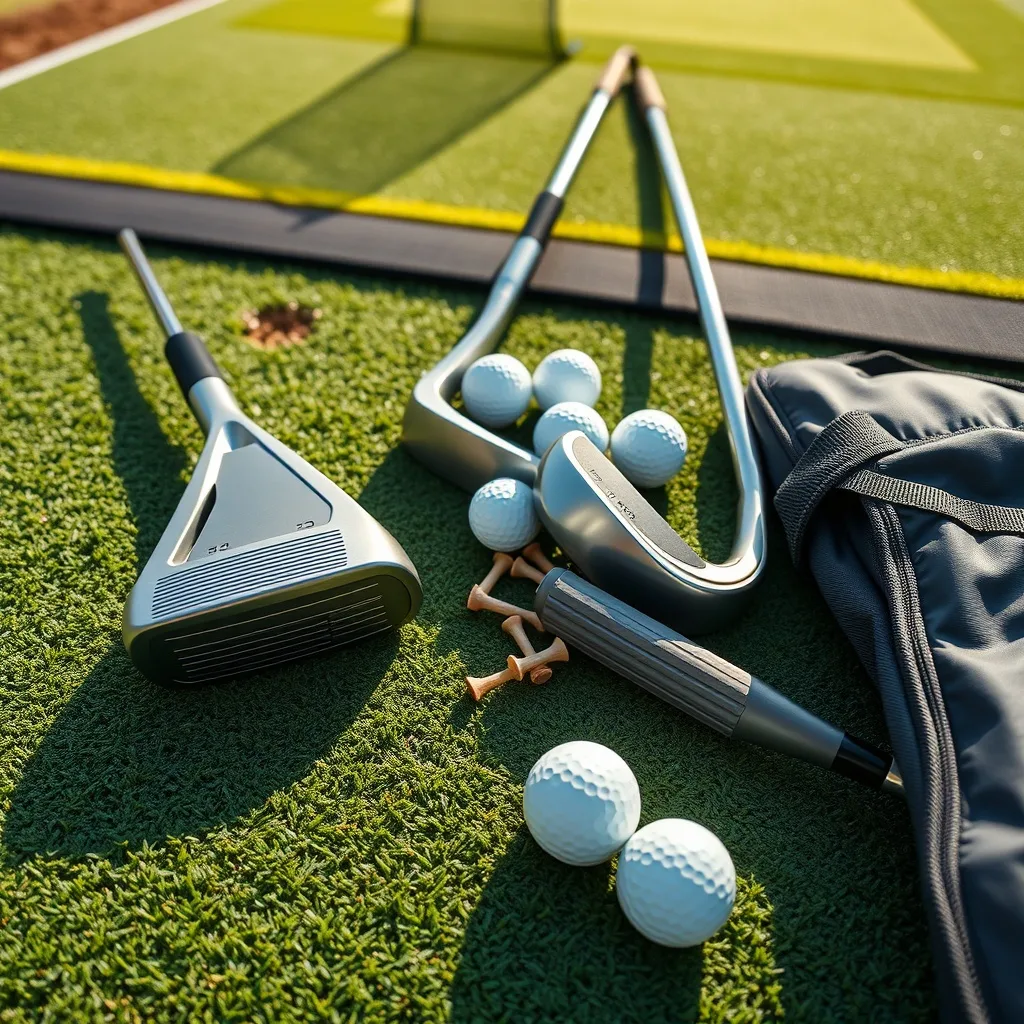 Curated flat-lay of top golf sets for beginners on turf, featuring clubs, balls, tees, and a carry bag in warm light.