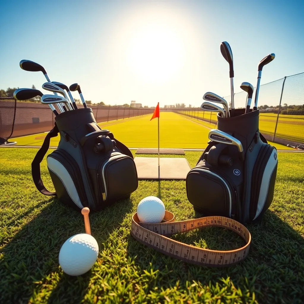 Two beginner golf bags with contrasting clubs on a sunlit range, showcasing top golf sets for beginners in a focused scene.