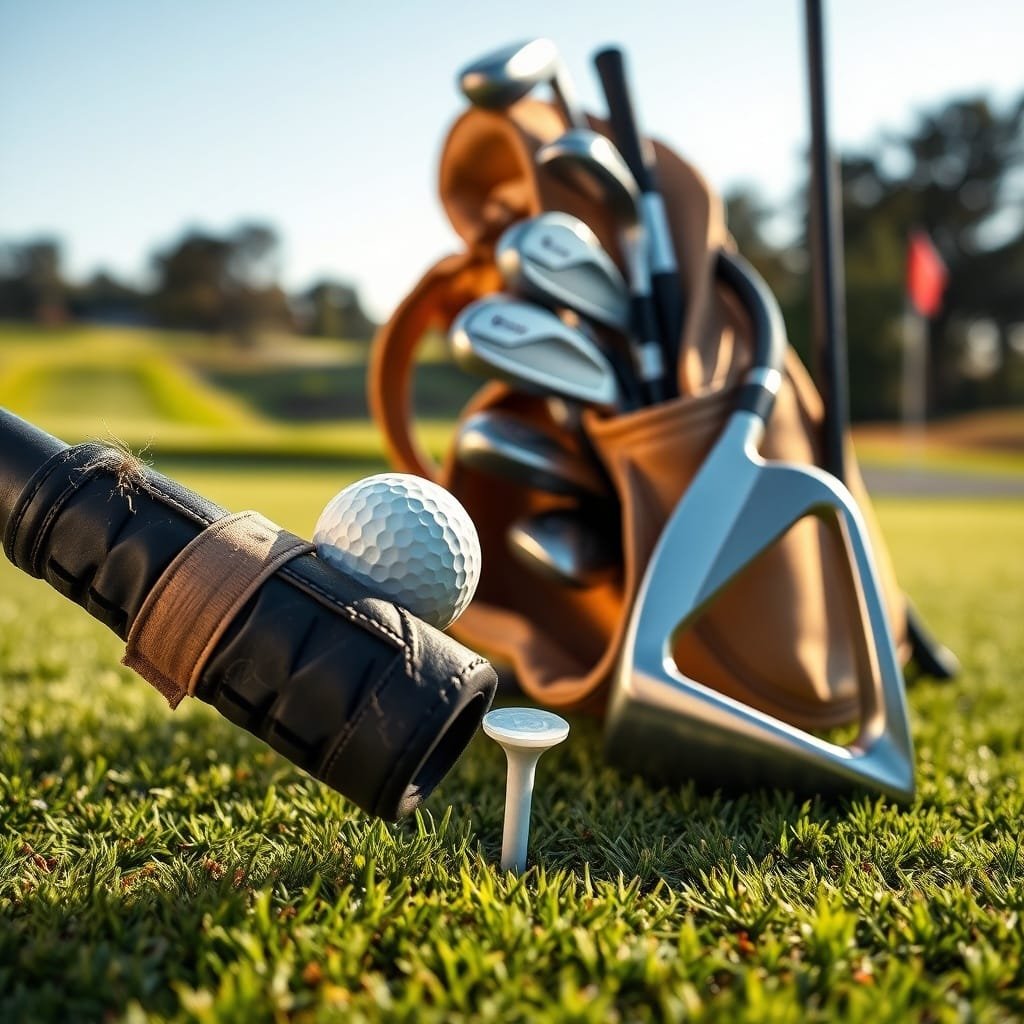 Worn beginner golf set on green: cracked grips, scuffed clubs, and a polished iron, showcasing top golf sets for beginners.