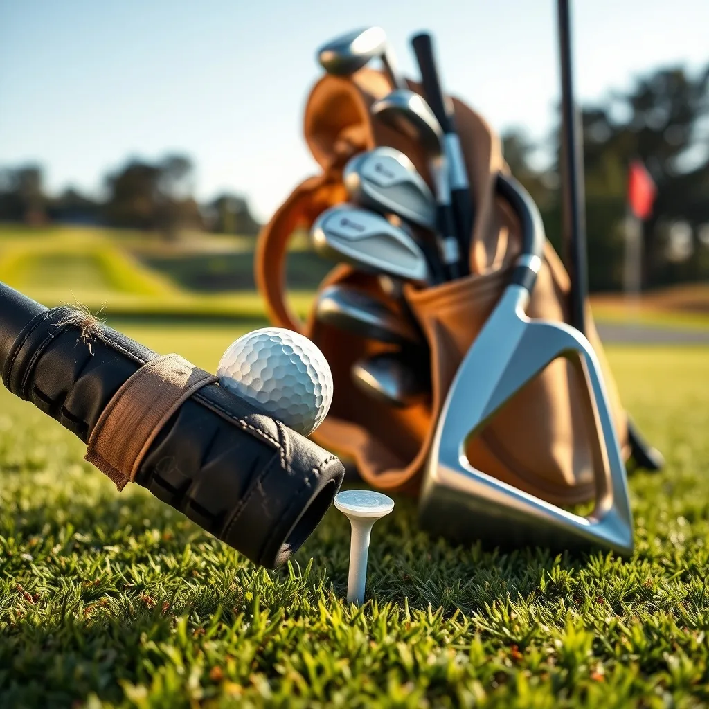 Worn beginner golf set on green: cracked grips, scuffed clubs, and a polished iron, showcasing top golf sets for beginners.