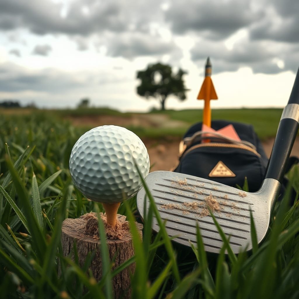 A scuffed golf ball on a tee at Bethpage Black Golf Course, with a driver, caddy bag, and a distant fairway under clouds.