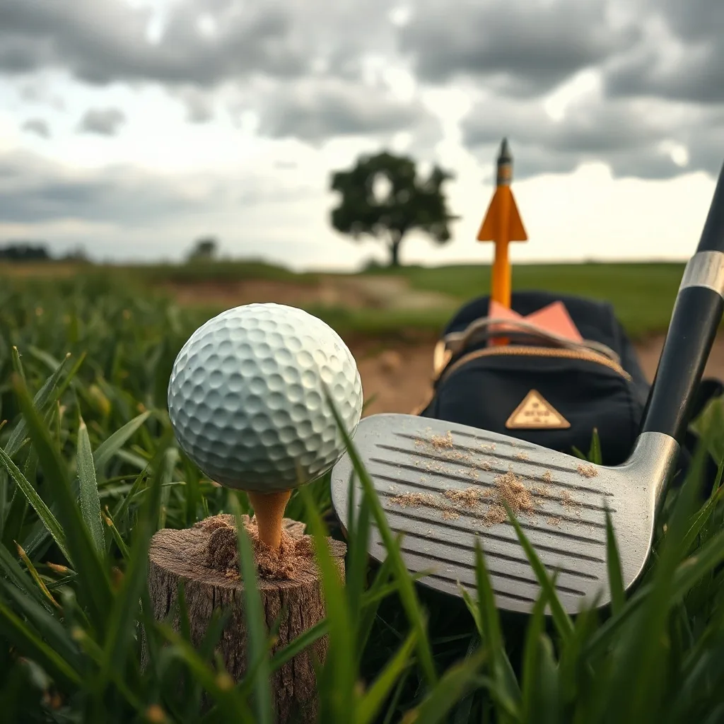A scuffed golf ball on a tee at Bethpage Black Golf Course, with a driver, caddy bag, and a distant fairway under clouds.