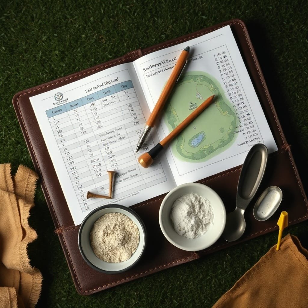 Bird's-eye view of a Bethpage Black golf course scorecard, golf ball, tees, divot tool, turf swatches, and caddie bib.