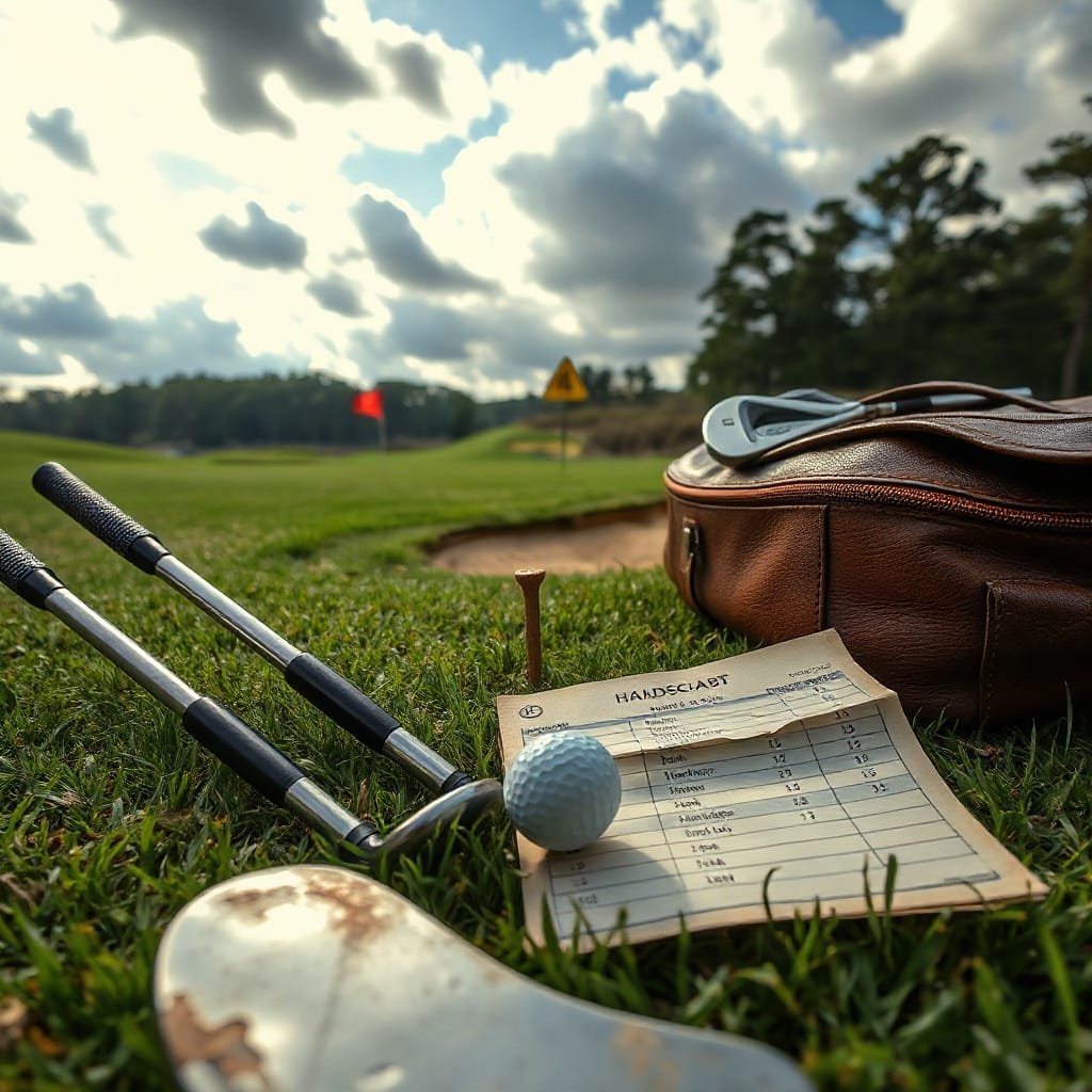 Low-angle shot of golf clubs, scorecard, and ball on damp grass at Bethpage Black Golf Course, evoking tense resolve.