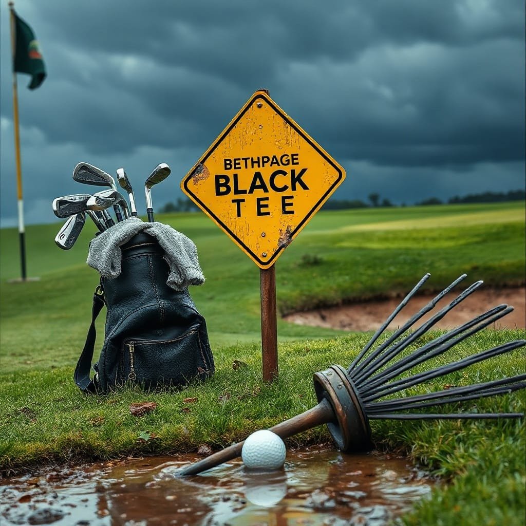 Roped-off tee area at Bethpage Black golf course with a battered sign, caddie bag, and stormy skies above.