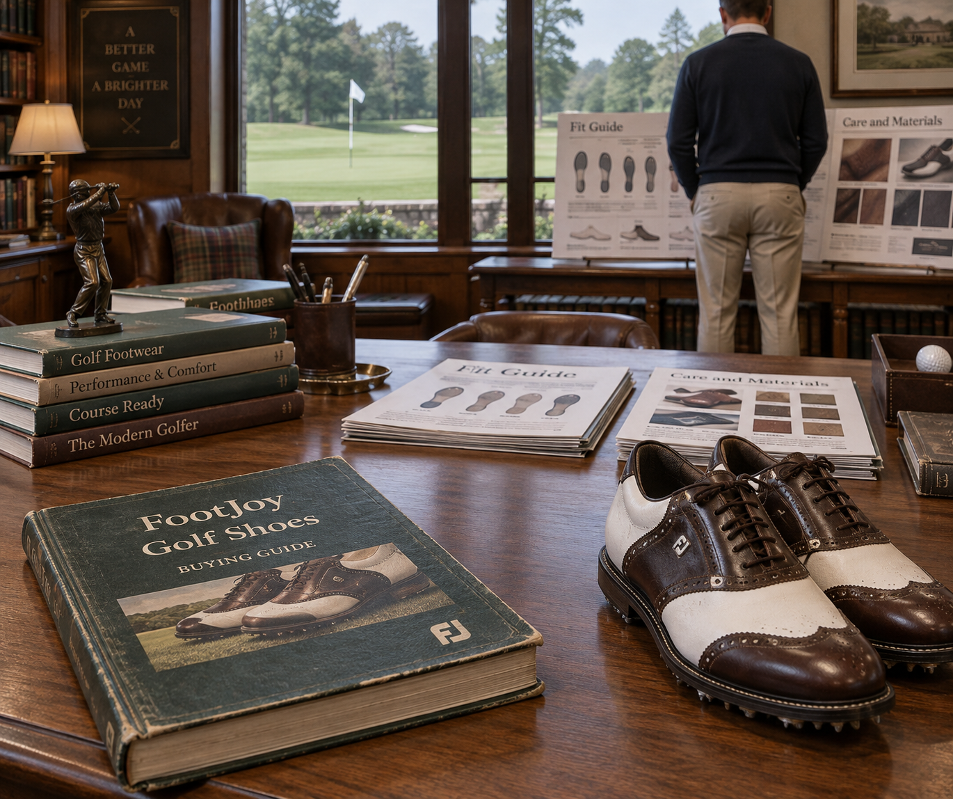 Footjoys golf shoes beside a used buying guide and fit charts on a library table, with a golfer studying them by a window overlooking a green.
