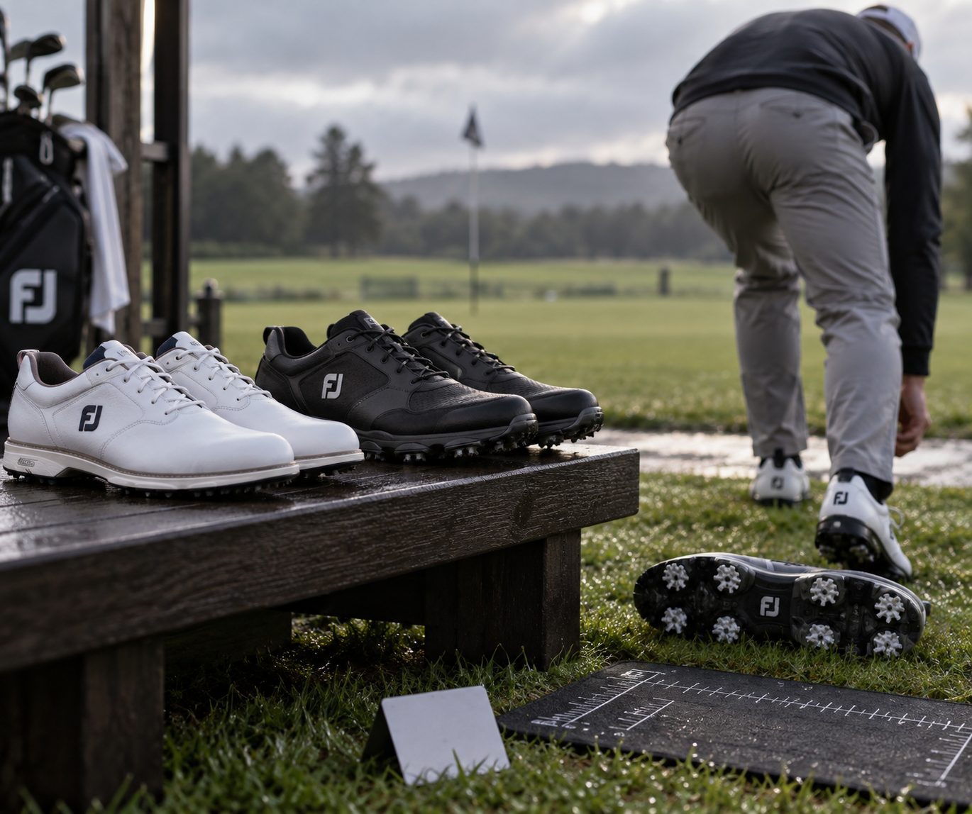 Footjoys golf shoes in white leather and dark waterproof styles sit on a timber bench as a golfer compares them on a damp course.