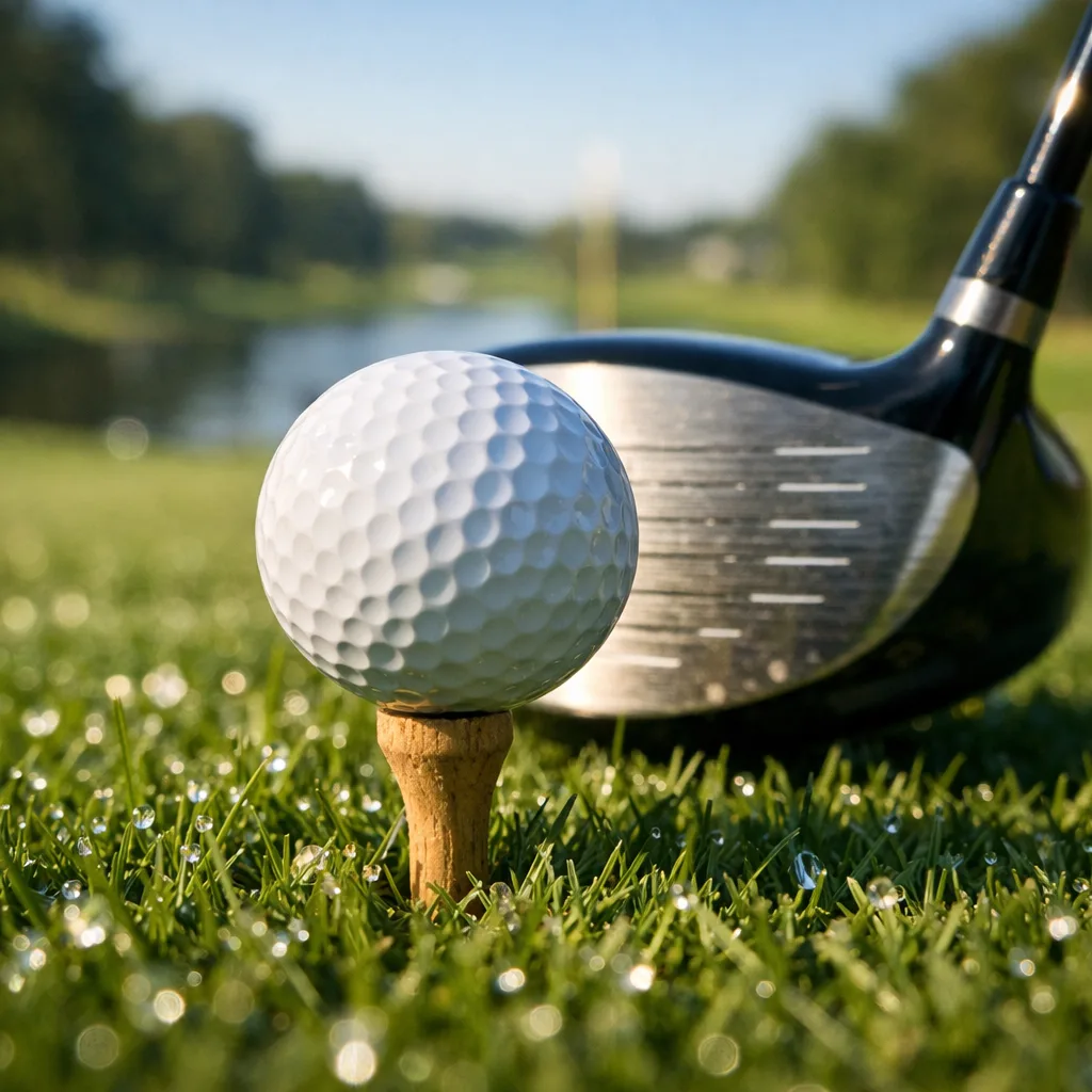 Extreme macro shot of a golf ball on a tee at Congressional Country Club golf course, with lush grass and a driver nearby.