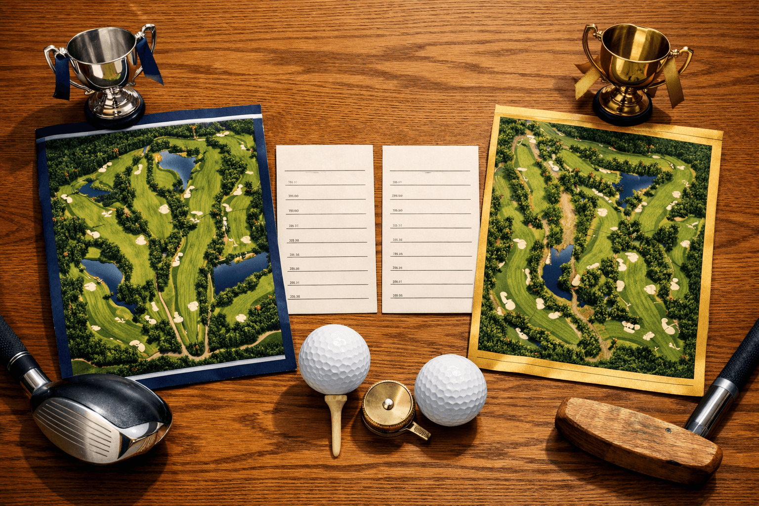 Overhead view of maps and golf gear on an oak table, showcasing the congressional country club golf course layouts.