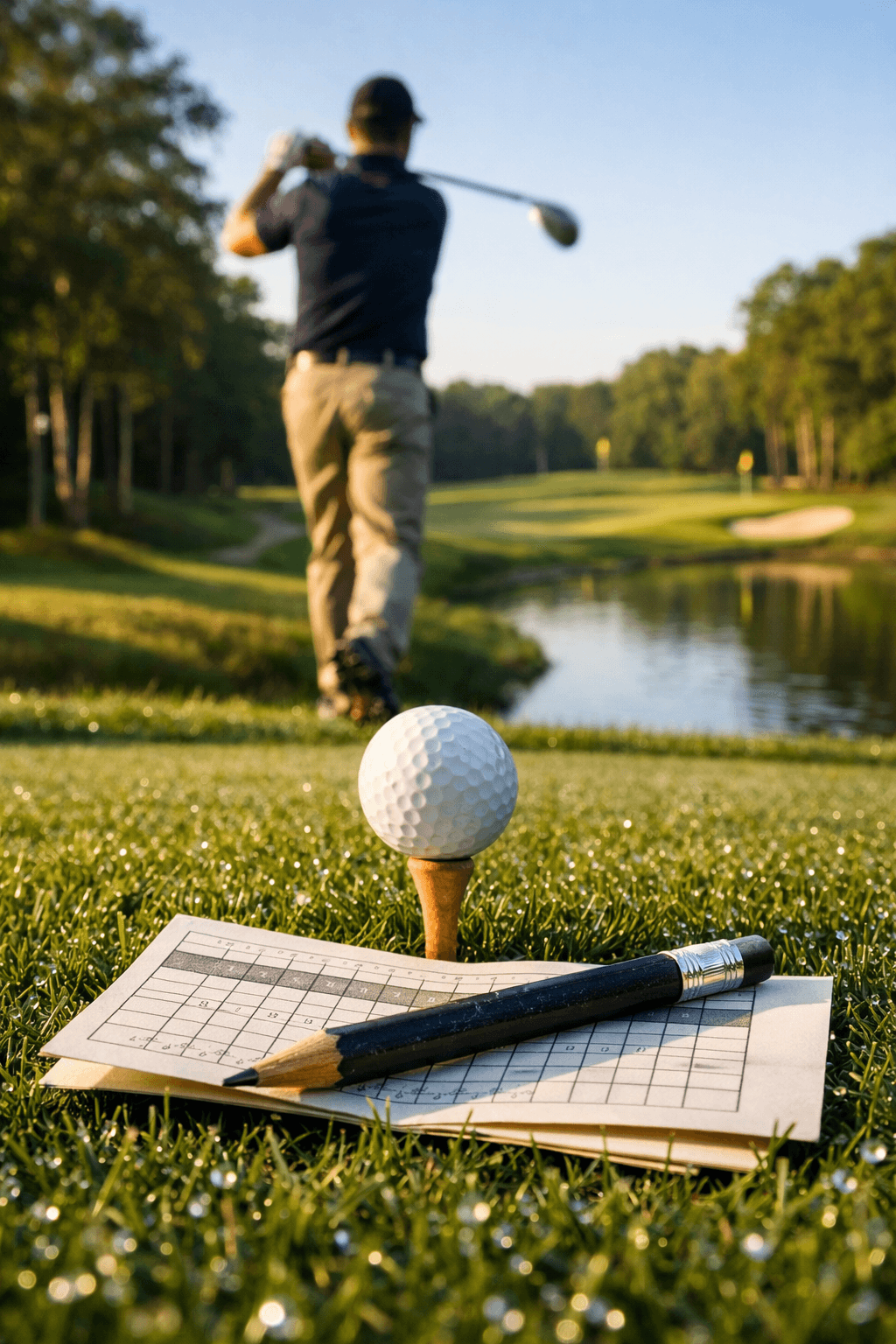 A golfer prepares to tee off at Congressional Country Club, with a ball on a tee and a scorecard on the dew-kissed grass.
