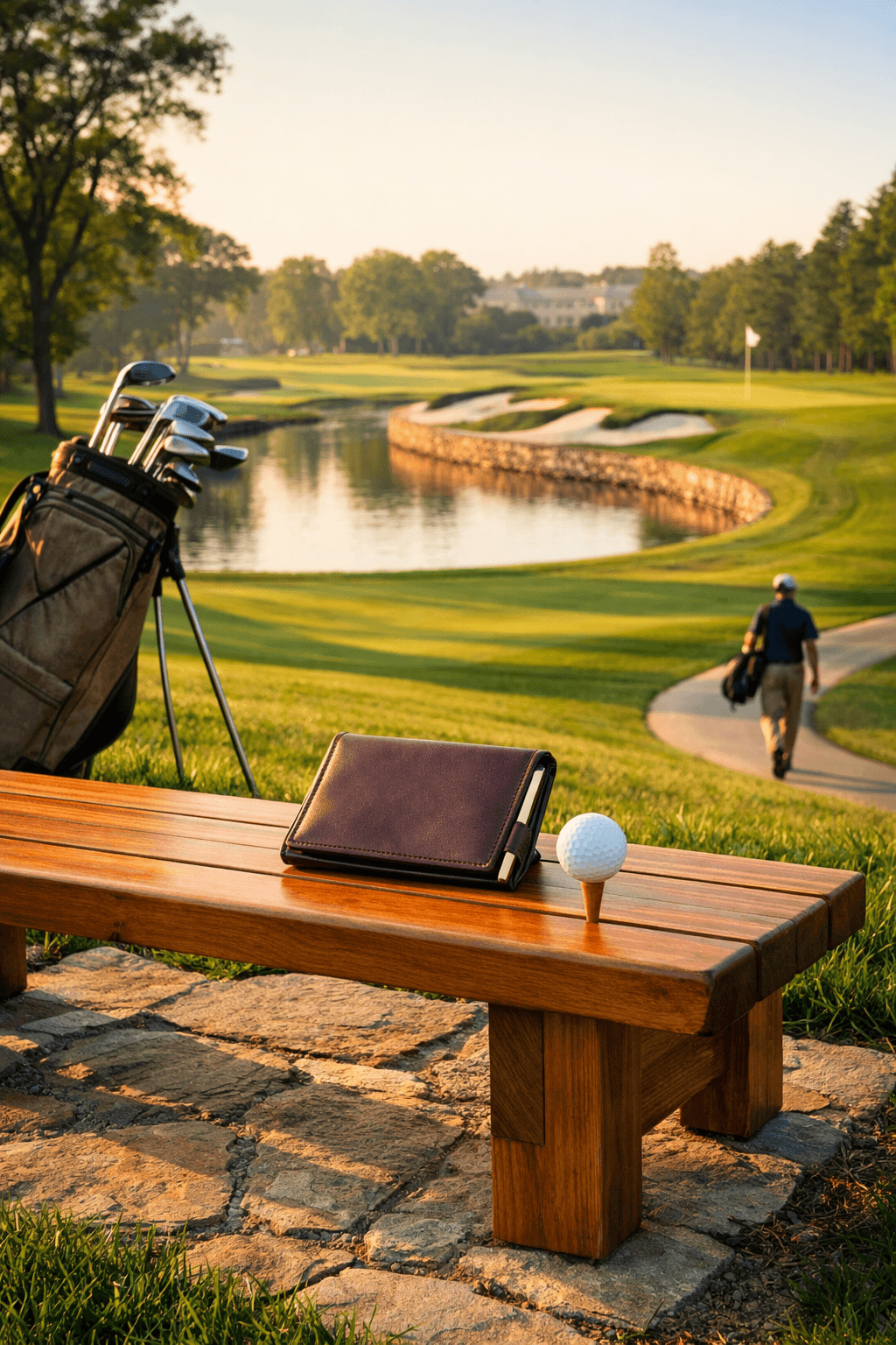 Sunlit scene at Congressional Country Club golf course featuring a bench, golf bag, and a golfer approaching the new tee.