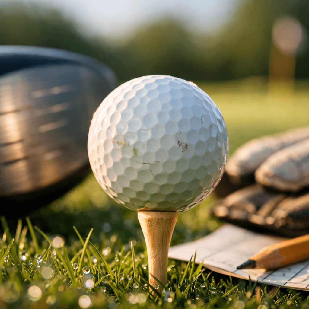 Extreme close-up of a high-performance golf ball on a tee, with blurred driver, grass, and sunlit fairway in background.