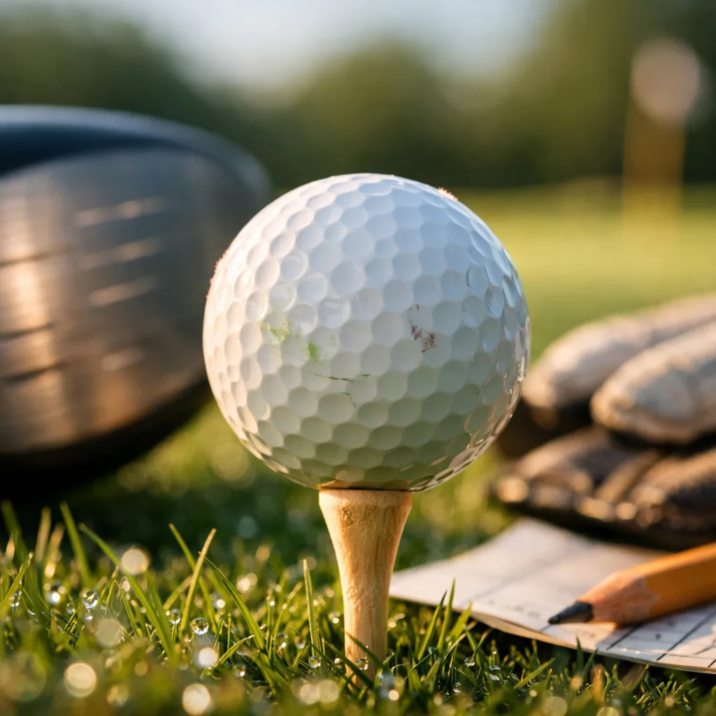 Extreme close-up of a high-performance golf ball on a tee, with blurred driver, grass, and sunlit fairway in background.