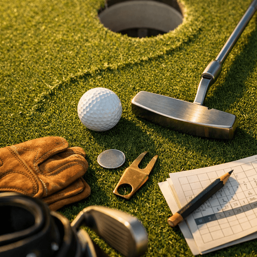 Overhead view of high performance golf balls on a putting green, with a putter, glove, and scorecard in golden light.