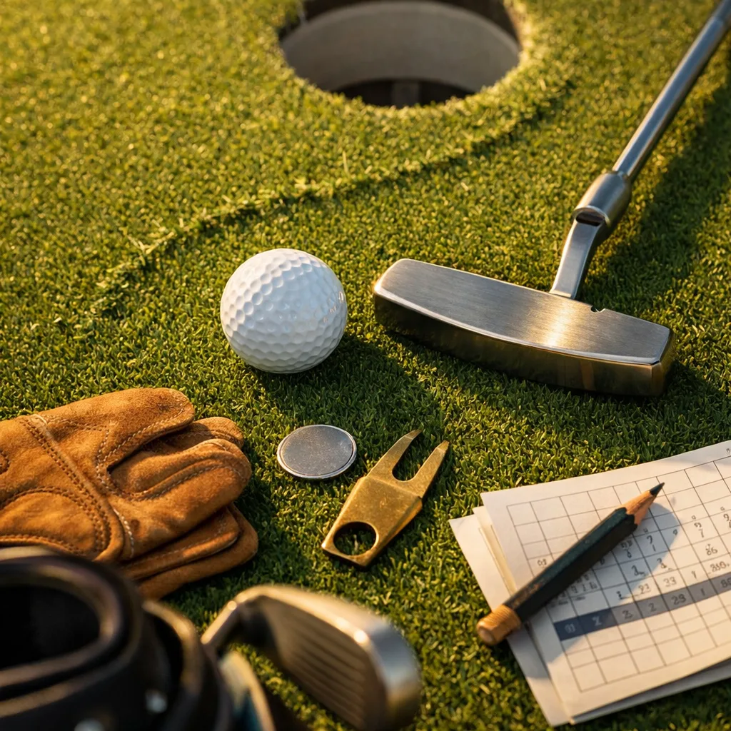 Overhead view of high performance golf balls on a putting green, with a putter, glove, and scorecard in golden light.