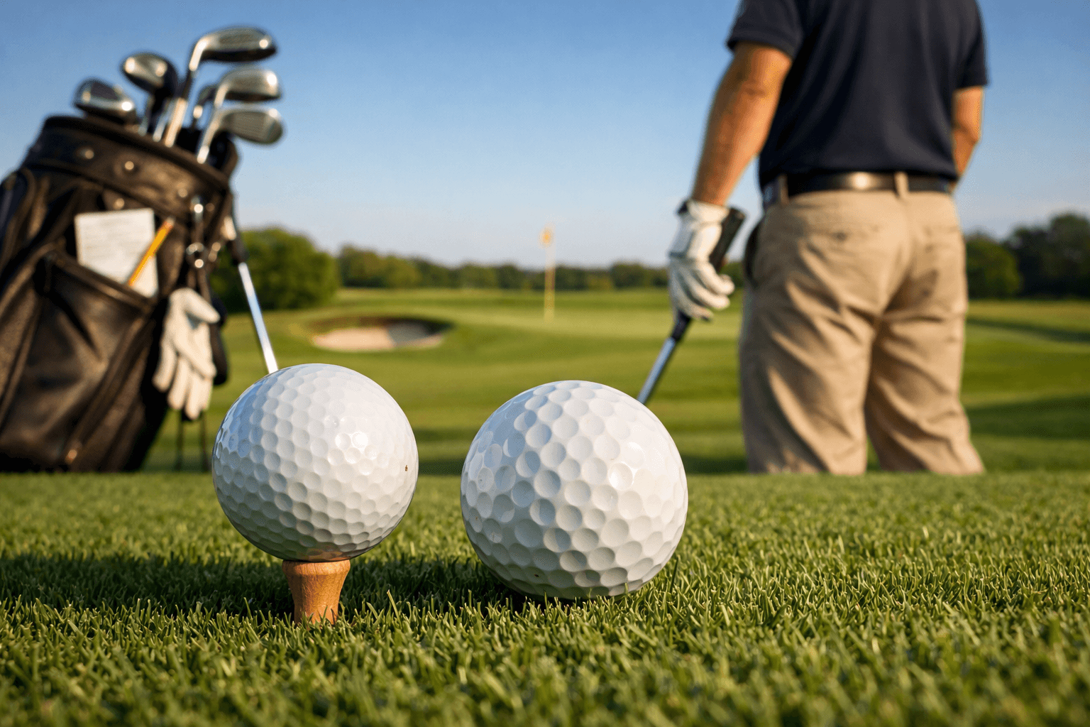 Two high performance golf balls on a tee and putting green, with a golfer poised nearby, under warm afternoon light.