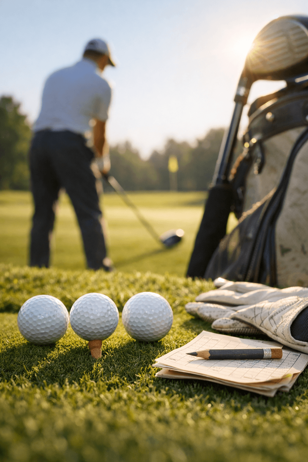Three high performance golf balls on a collar, a pro golfer in stance, and a sunlit fairway under a blue sky.