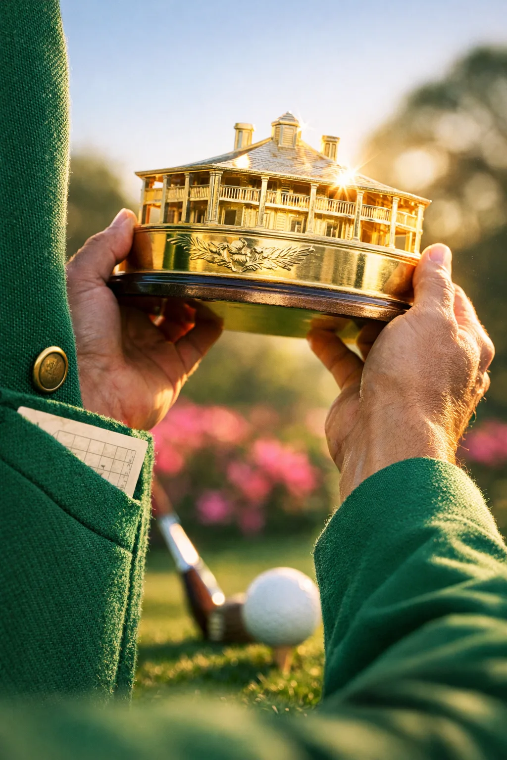 Extreme close-up of master golf winners lifting a gleaming gold trophy, with vibrant azaleas and a green jacket in view.