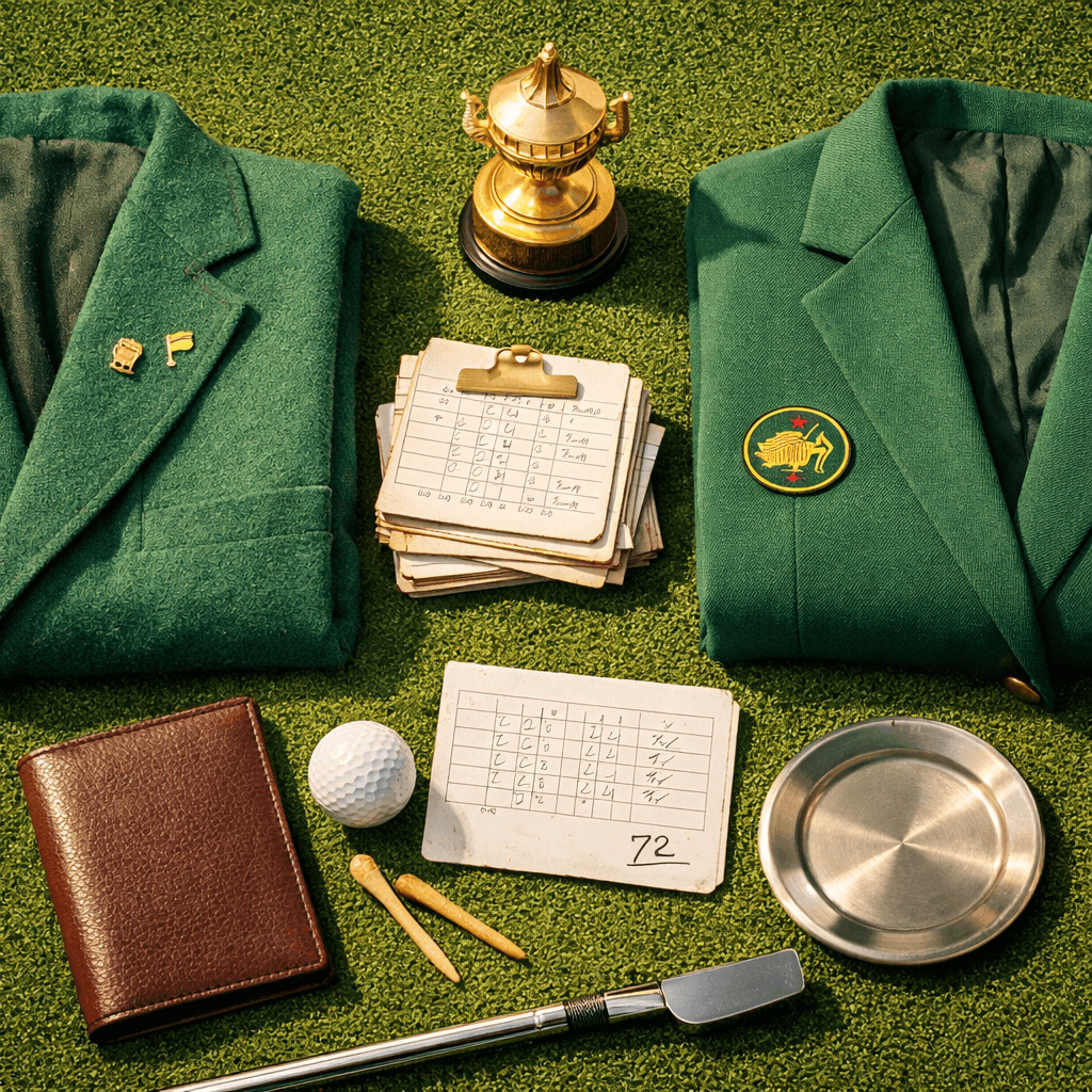 Overhead view of master golf winners' jackets, scorecards, trophy, and golf gear on Augusta putting-green turf.