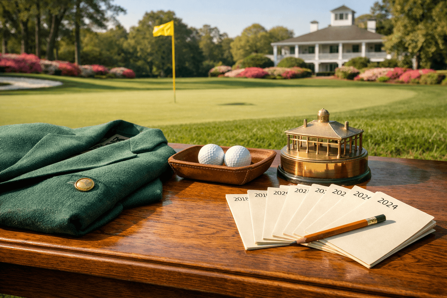 Sunlit display of master golf winners' items on a polished table, with Augusta's iconic greenery and clubhouse in the background.