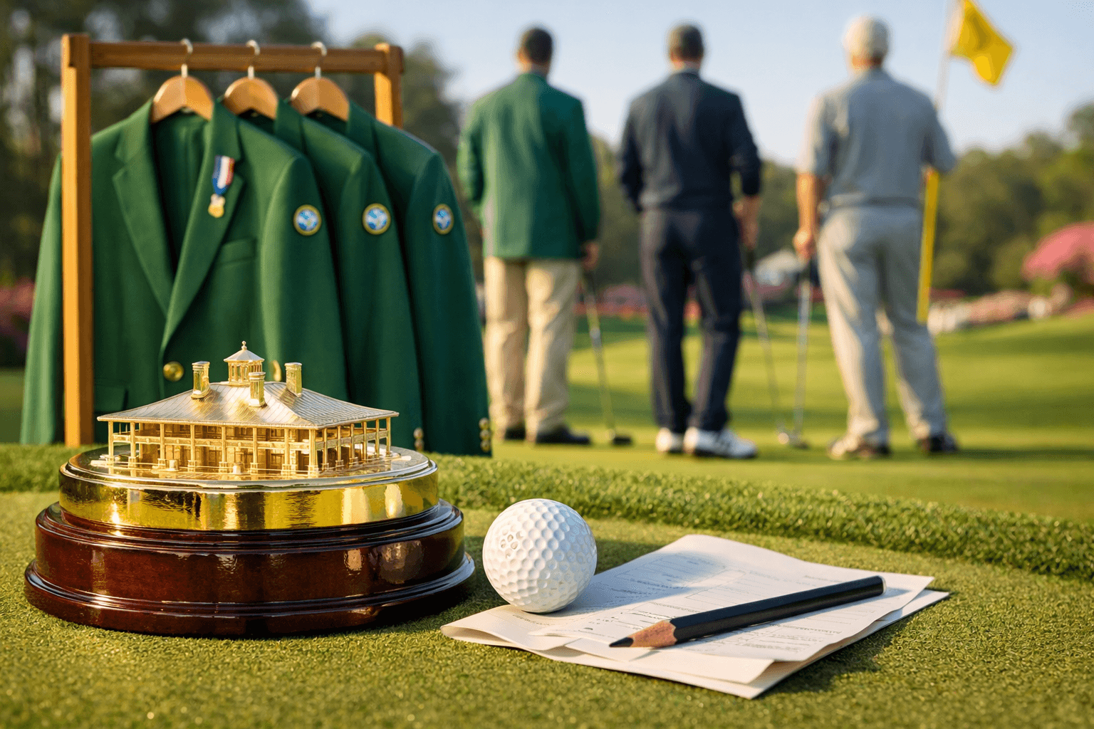 Polished trophy, golf ball, scorecard, and Masters jackets celebrate master golf winners on Augusta's 18th green.