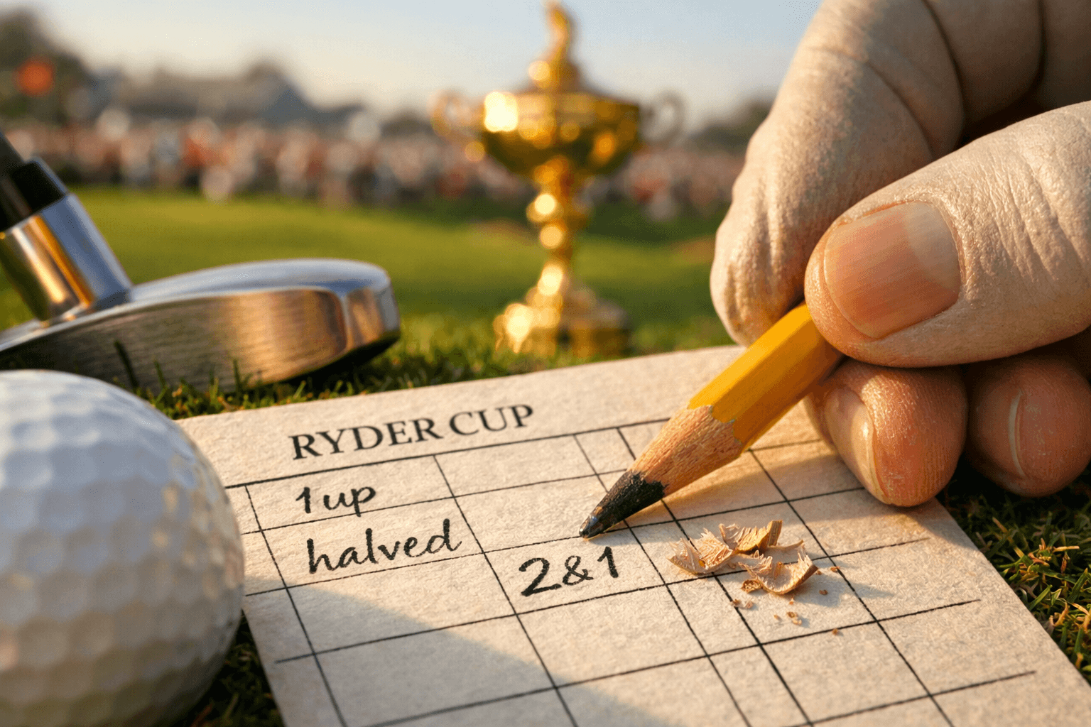 Extreme macro of a Ryder Cup scorecard being marked on a sunlit fairway, capturing the essence of scoring for Ryder Cup.
