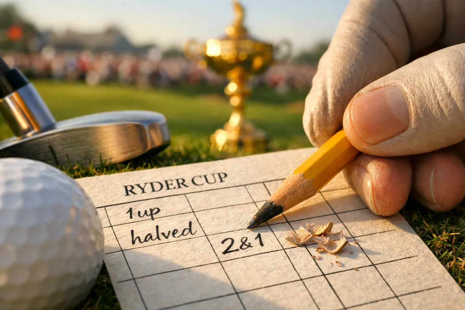 Extreme macro of a Ryder Cup scorecard being marked on a sunlit fairway, capturing the essence of scoring for Ryder Cup.