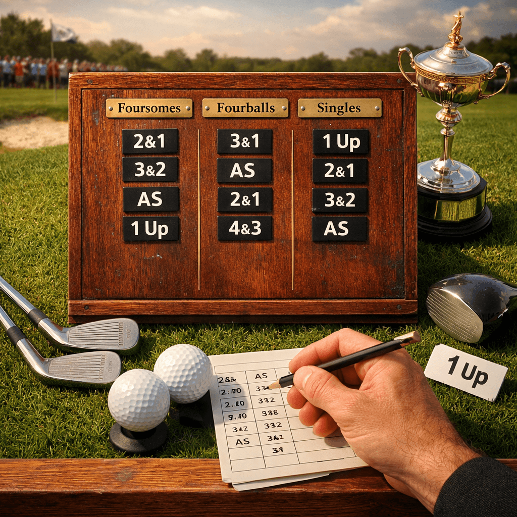Bird's-eye view of a mahogany scoreboard and scoring for Ryder Cup, with golf balls, clubs, and a trophy in warm sunlight.