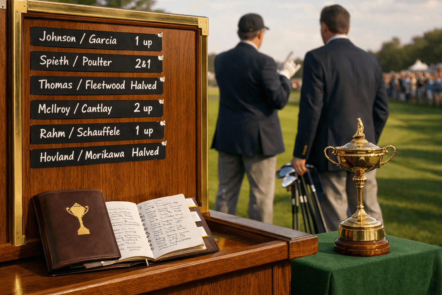 Sunlit fairway scene showing scoring for Ryder Cup with a pairings board, trophy, and figures in team blazers.
