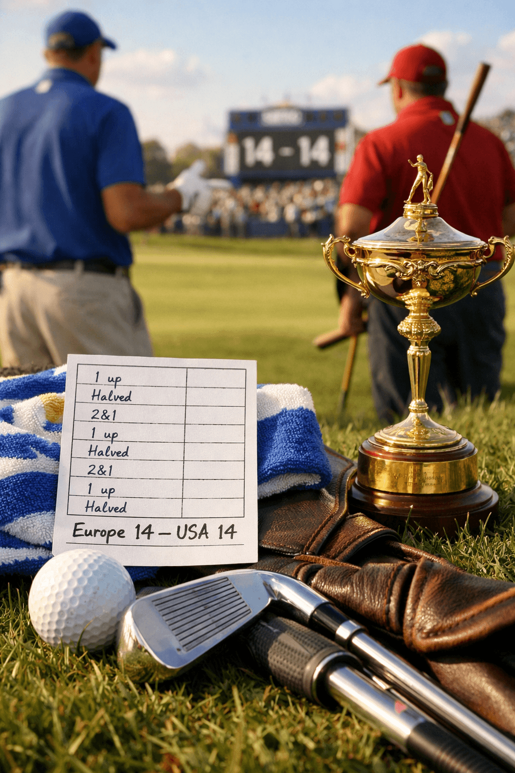 Scorecard on a towel, Ryder Cup trophy, and players discussing scoring for Ryder Cup amid cheering spectators.