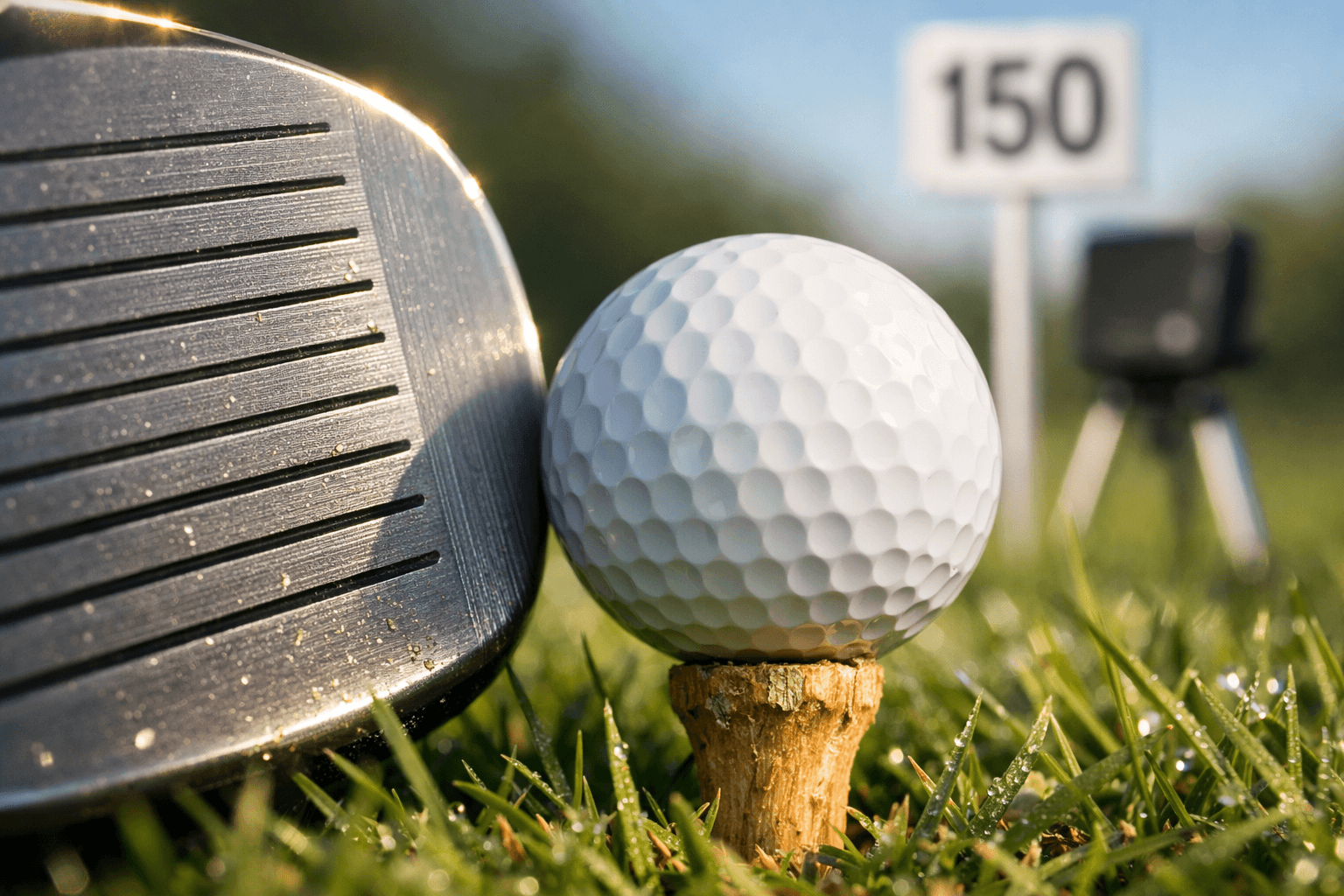 Extreme macro shot of a golf club poised over a ball, with a blurred "150" distance stake in the background.