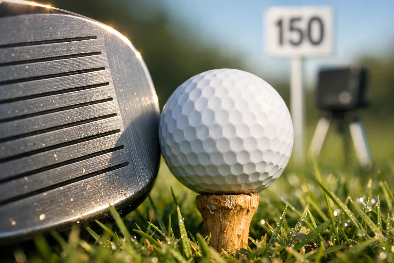 Extreme macro shot of a golf club poised over a ball, with a blurred "150" distance stake in the background.