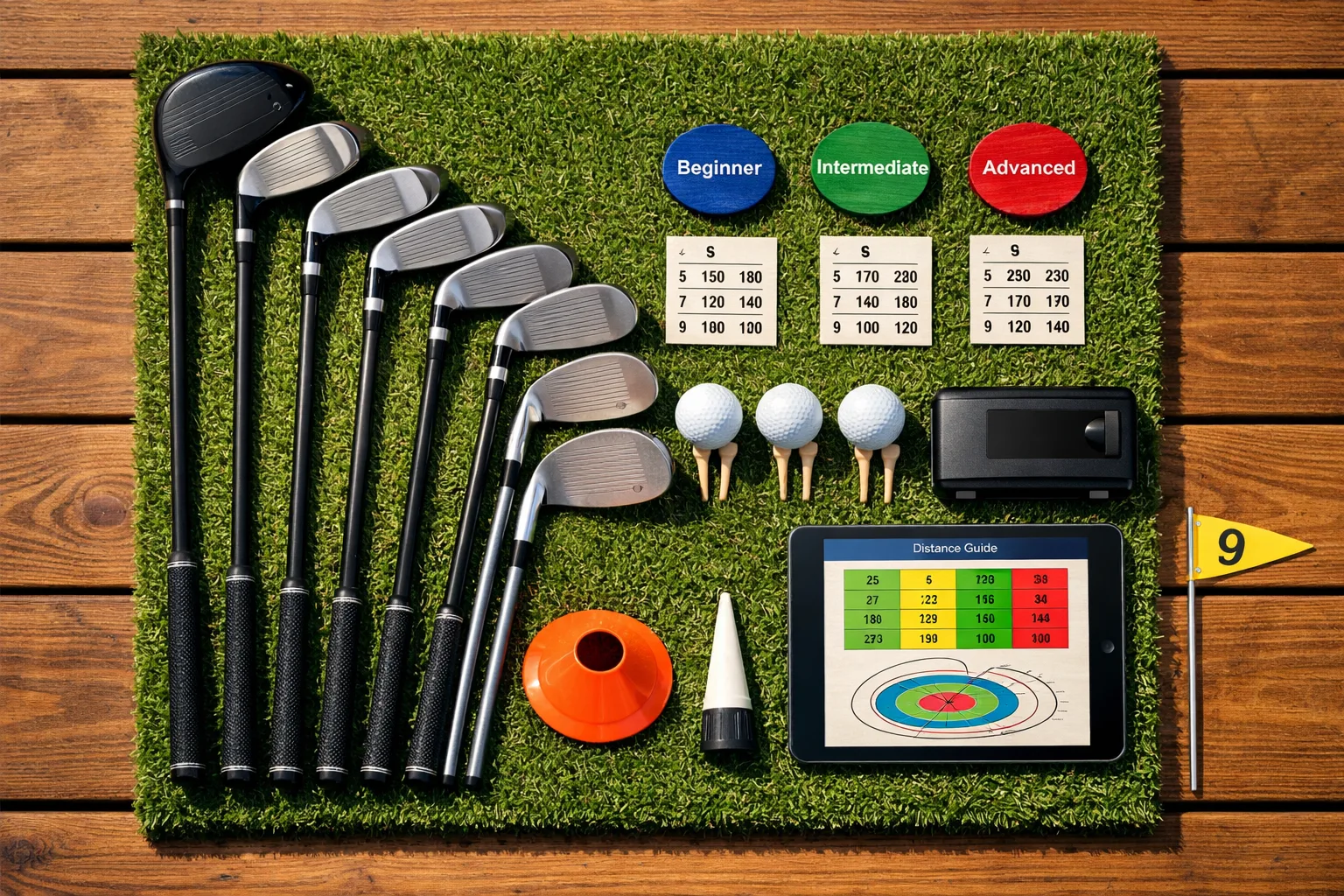 Overhead view of golf clubs, balls, tokens, and devices, showcasing golf club number and distance in a precise layout.