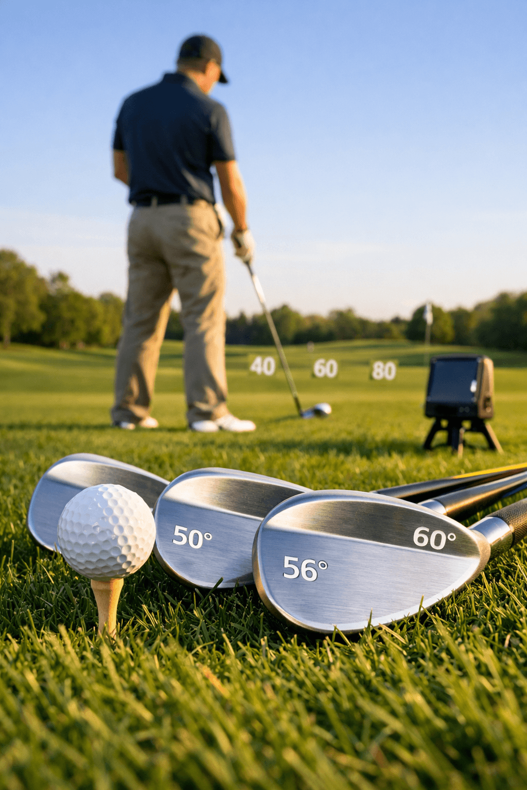 Wide shot of a golf practice patch with wedges, a ball on a tee, and yardage markers indicating golf club number and distance.