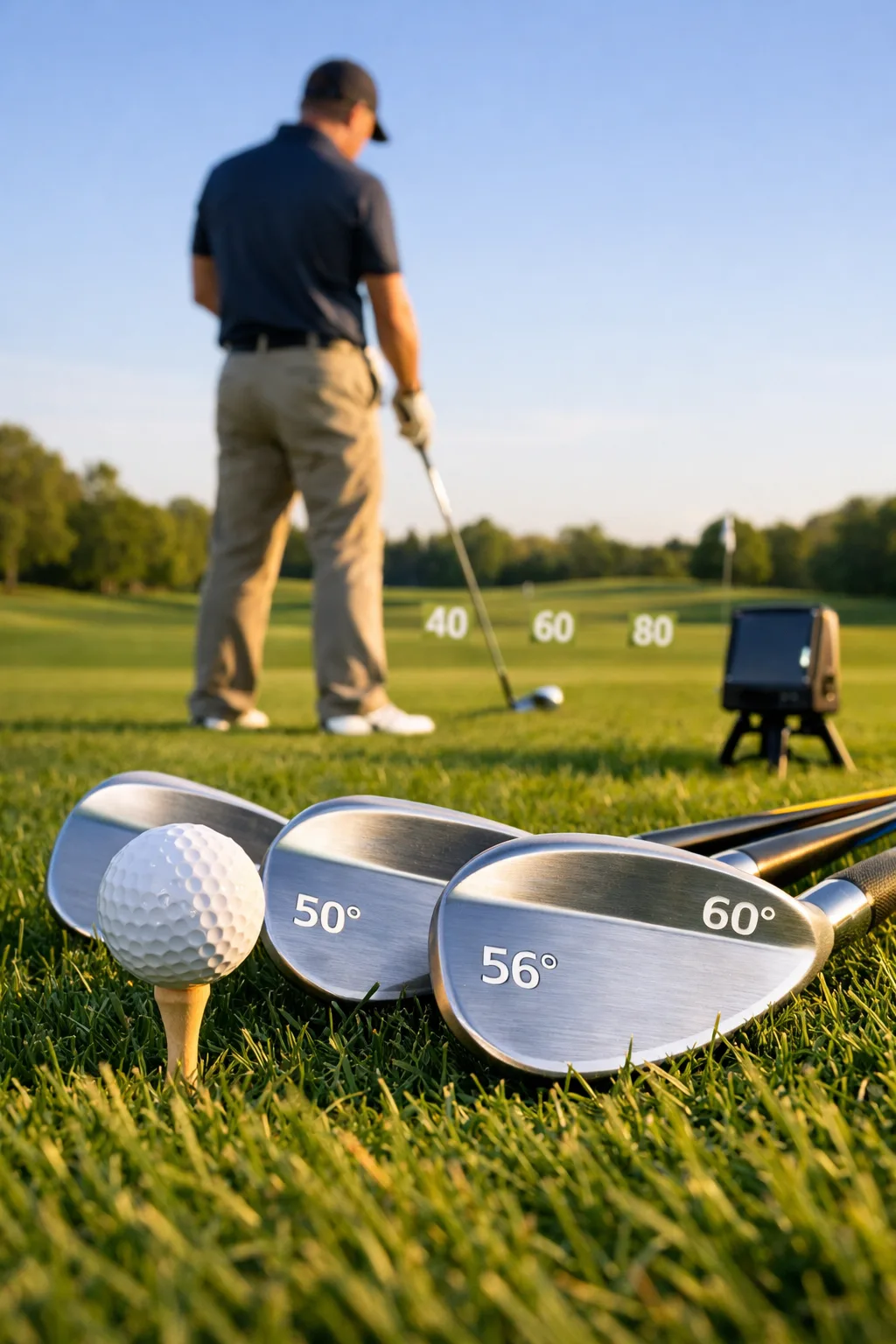Wide shot of a golf practice patch with wedges, a ball on a tee, and yardage markers indicating golf club number and distance.