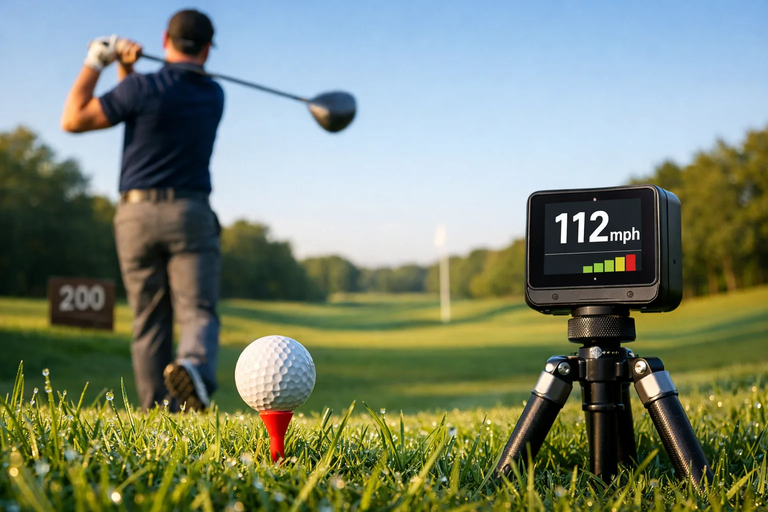 Golfer mid-swing on a sunlit fairway, showcasing golf club number and distance with a launch monitor displaying 