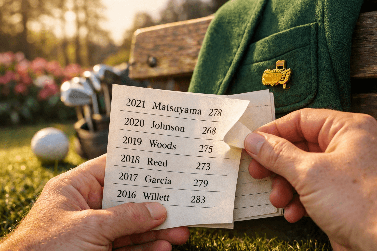 Faceless hands hold a scorecard at Augusta, revealing "who won the Masters golf" amid a rich green jacket and golf gear.
