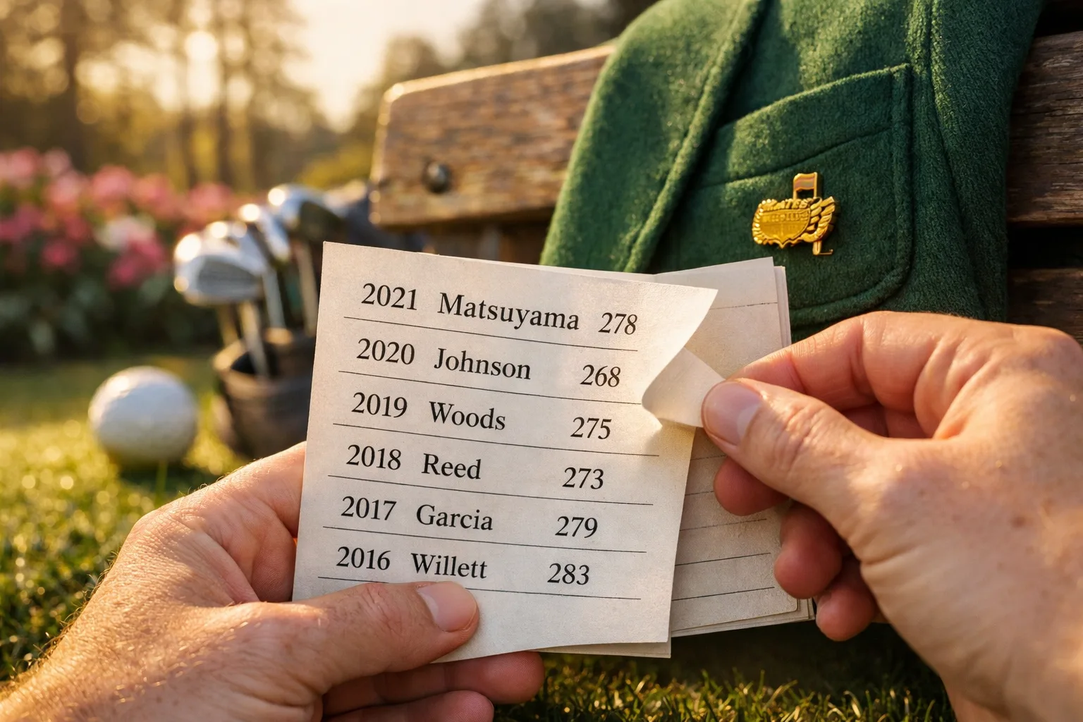 Faceless hands hold a scorecard at Augusta, revealing "who won the Masters golf" amid a rich green jacket and golf gear.