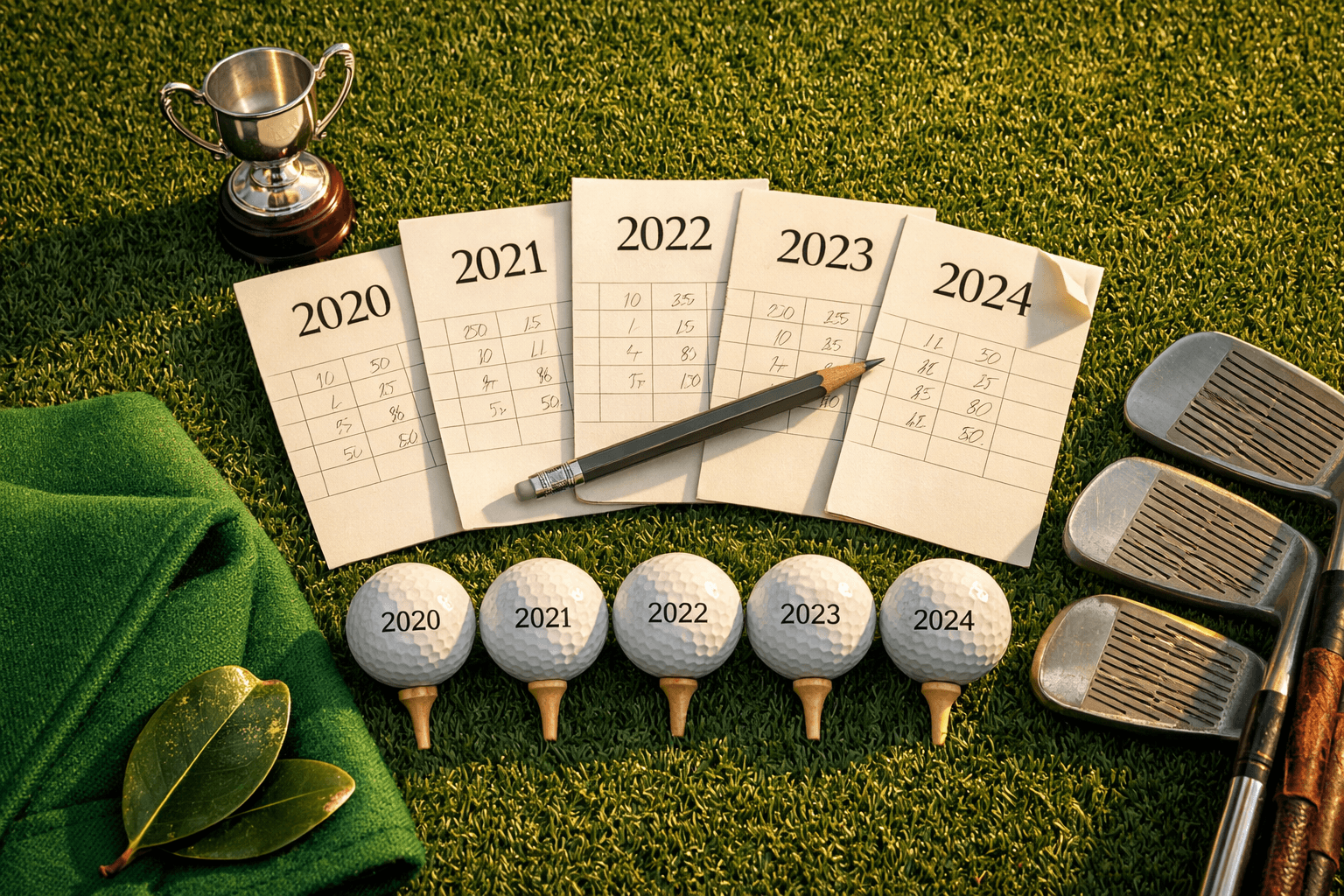 Bird's-eye view of golf gear on turf, celebrating who won the masters golf with scorecards, balls, and a trophy.