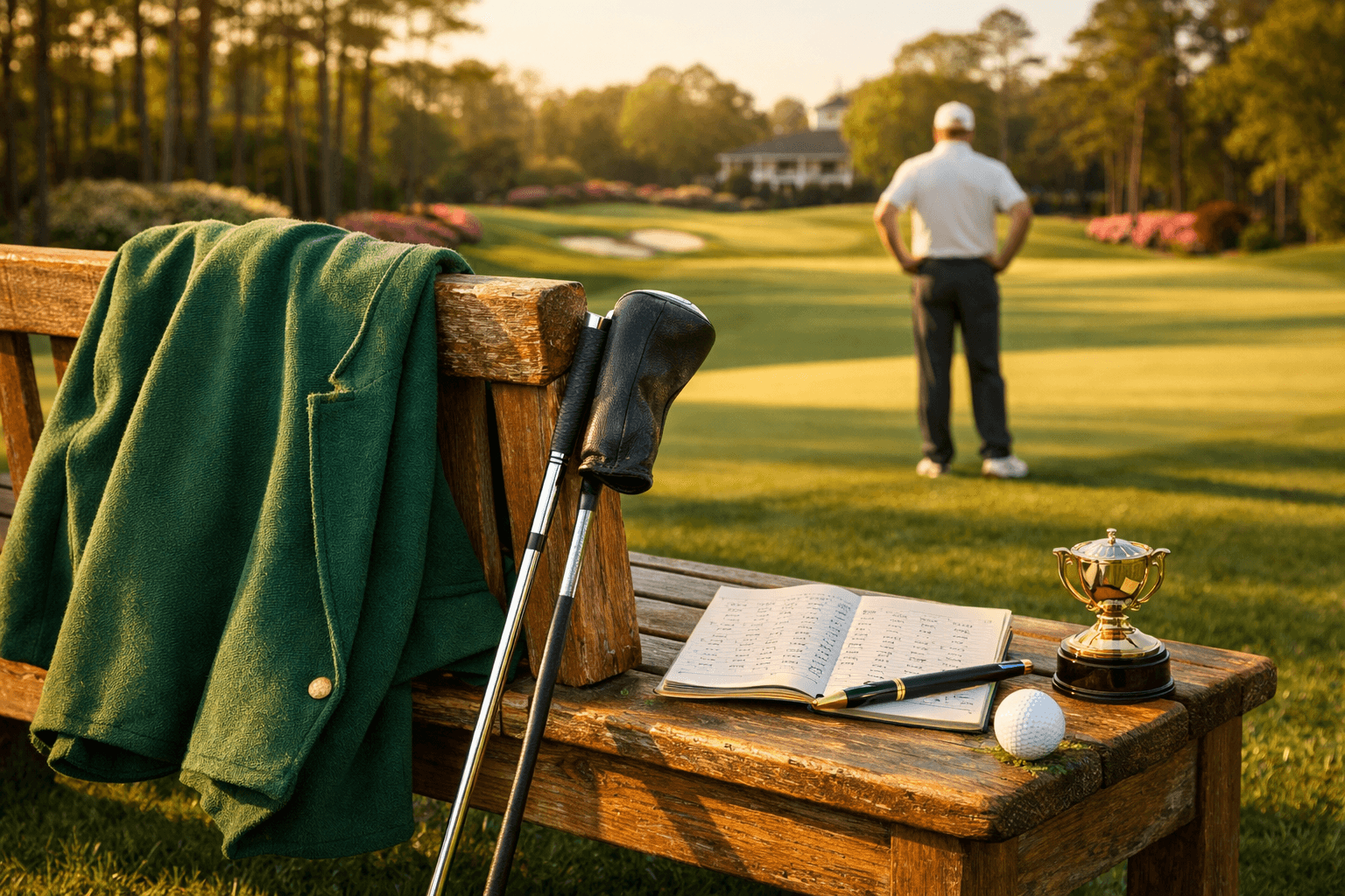 Late-afternoon light illuminates Augusta's 18th green, showcasing a Masters jacket and clubs, evoking who won the masters golf.