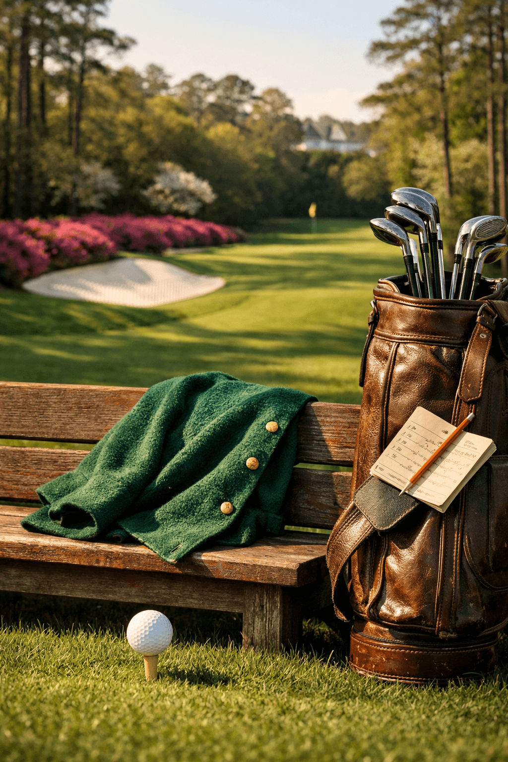 A sunlit park bench with an emerald jacket and vintage golf bag overlooks Amen Corner, where who won the masters golf is celebrated.