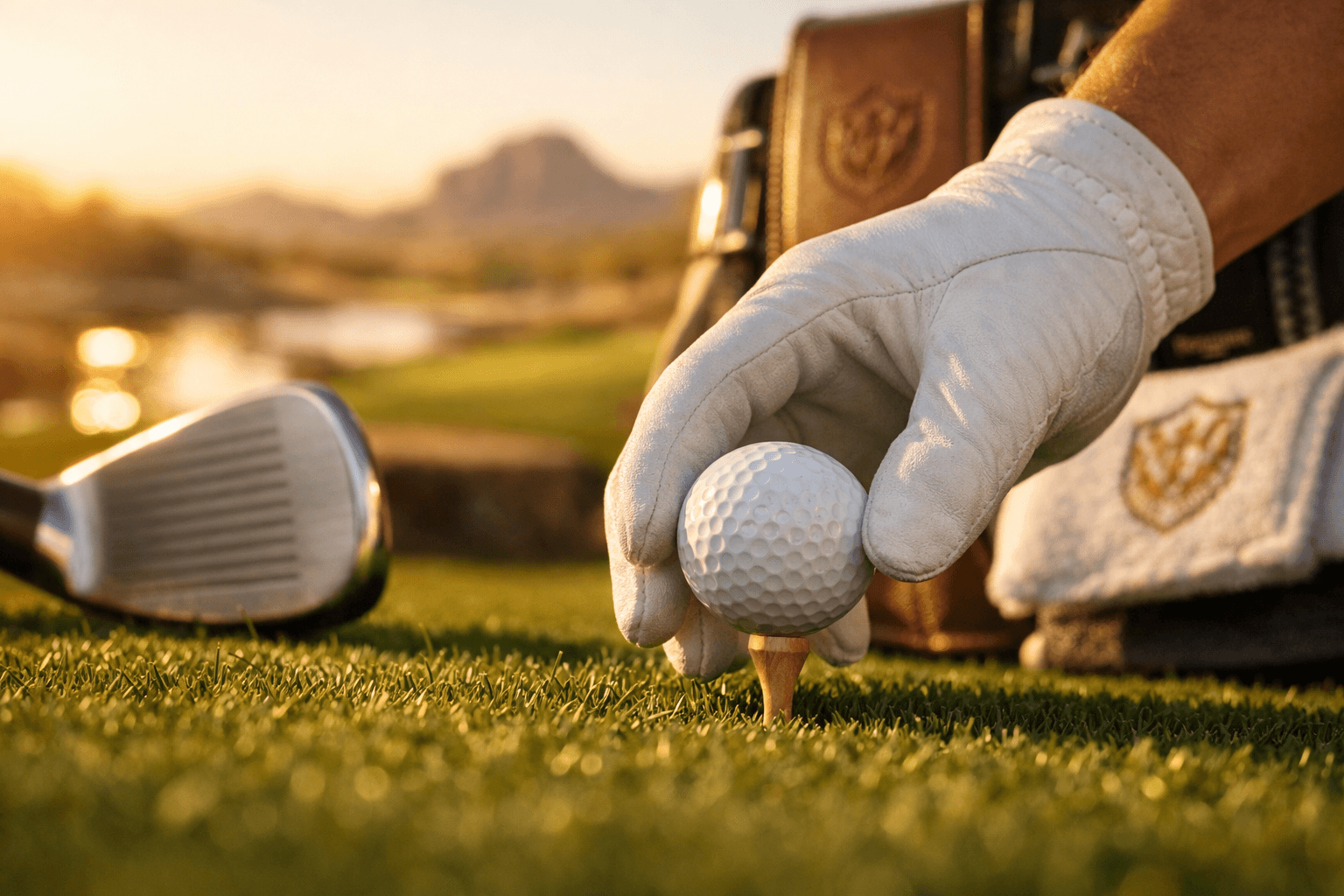 Shadow Creek Golf Course: An Insider's Look at This Jewel 1 Close-up of a caddie's hand placing a golf ball on a tee at Shadow Creek Golf Course, with lush greenery and warm light.