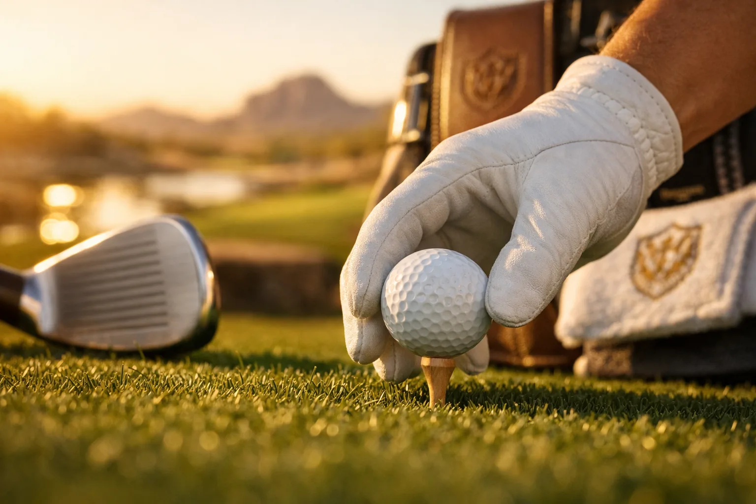 Close-up of a caddie's hand placing a golf ball on a tee at Shadow Creek Golf Course, with lush greenery and warm light.