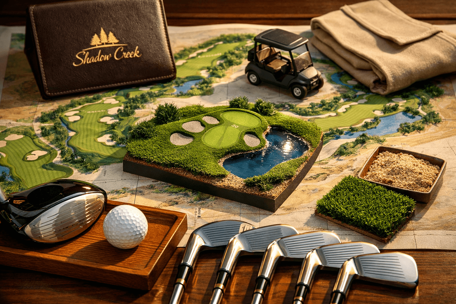 Overhead flat-lay of Shadow Creek Golf Course design, featuring a golf ball, clubs, scorecard, and a detailed model.