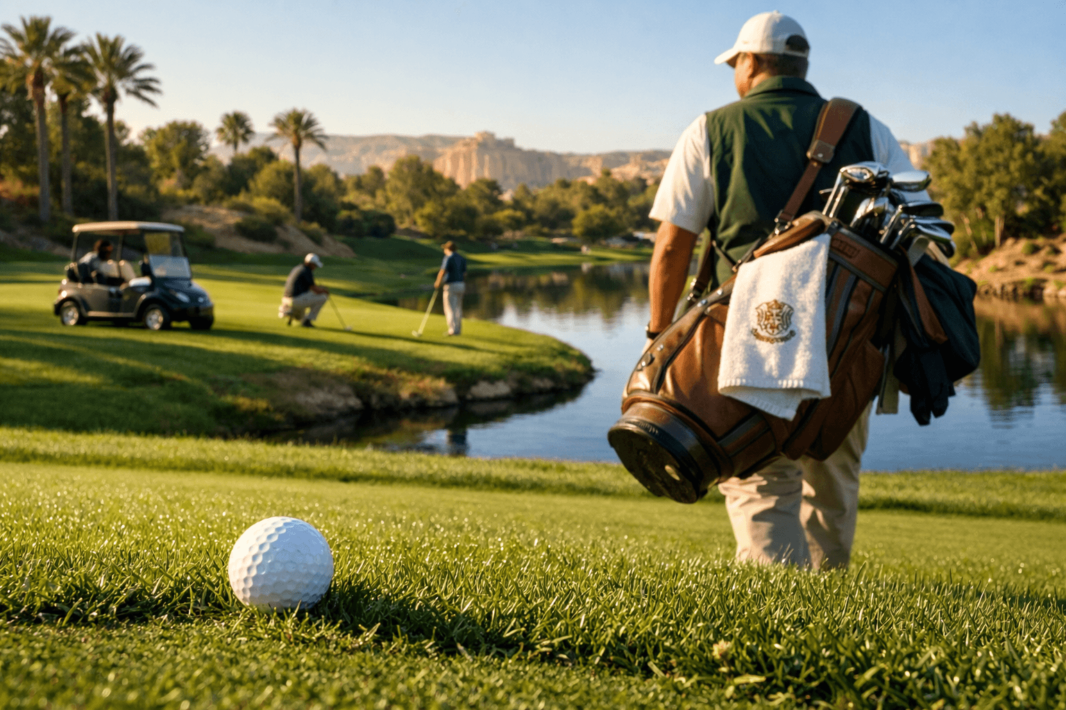 A serene scene at Shadow Creek Golf Course: a golf ball on manicured grass, a caddie, players, and a tranquil water feature.
