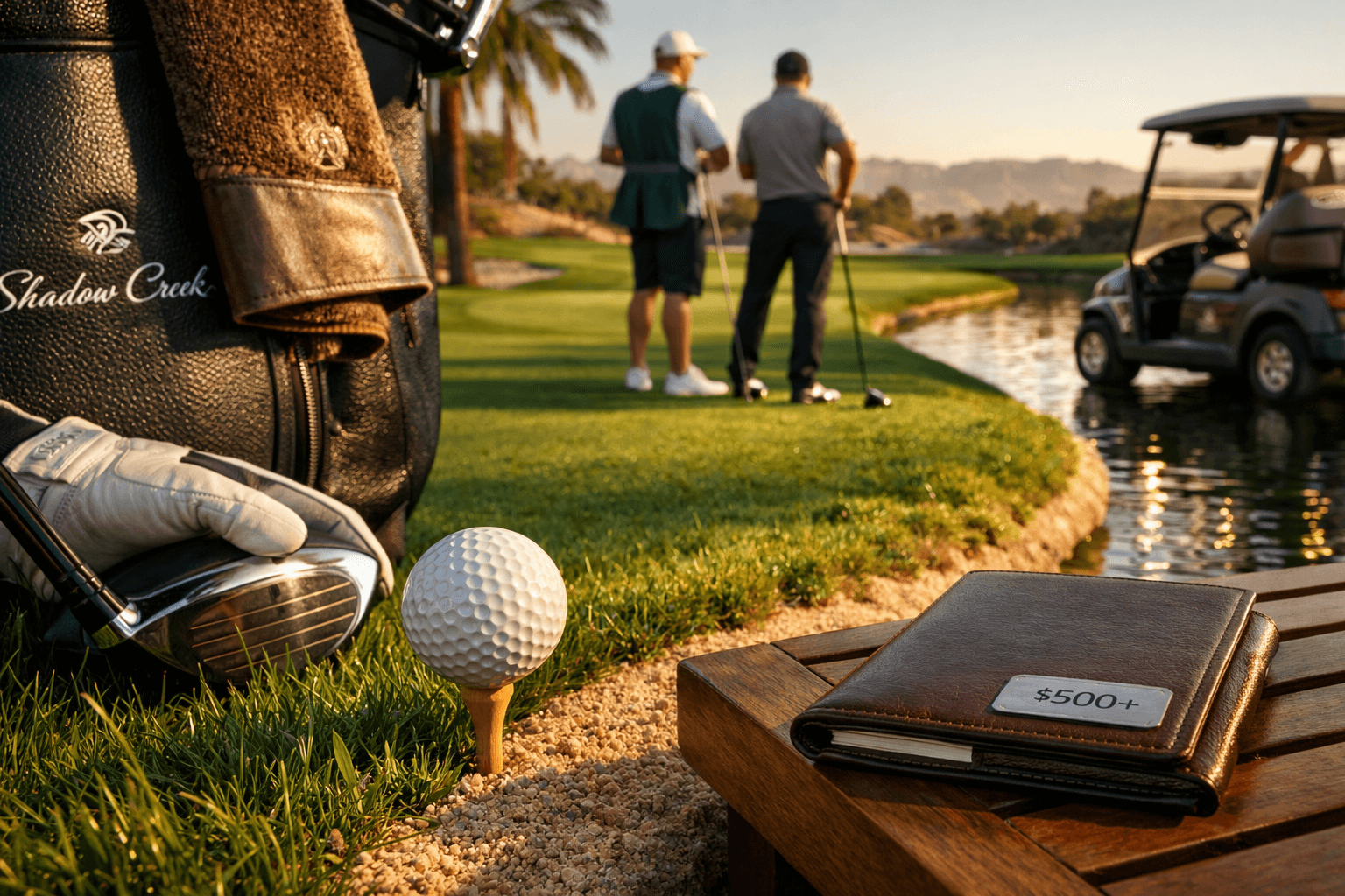 Pristine tee box at Shadow Creek Golf Course with a golf ball, clubs, caddie, and golfer in warm golden-hour light.