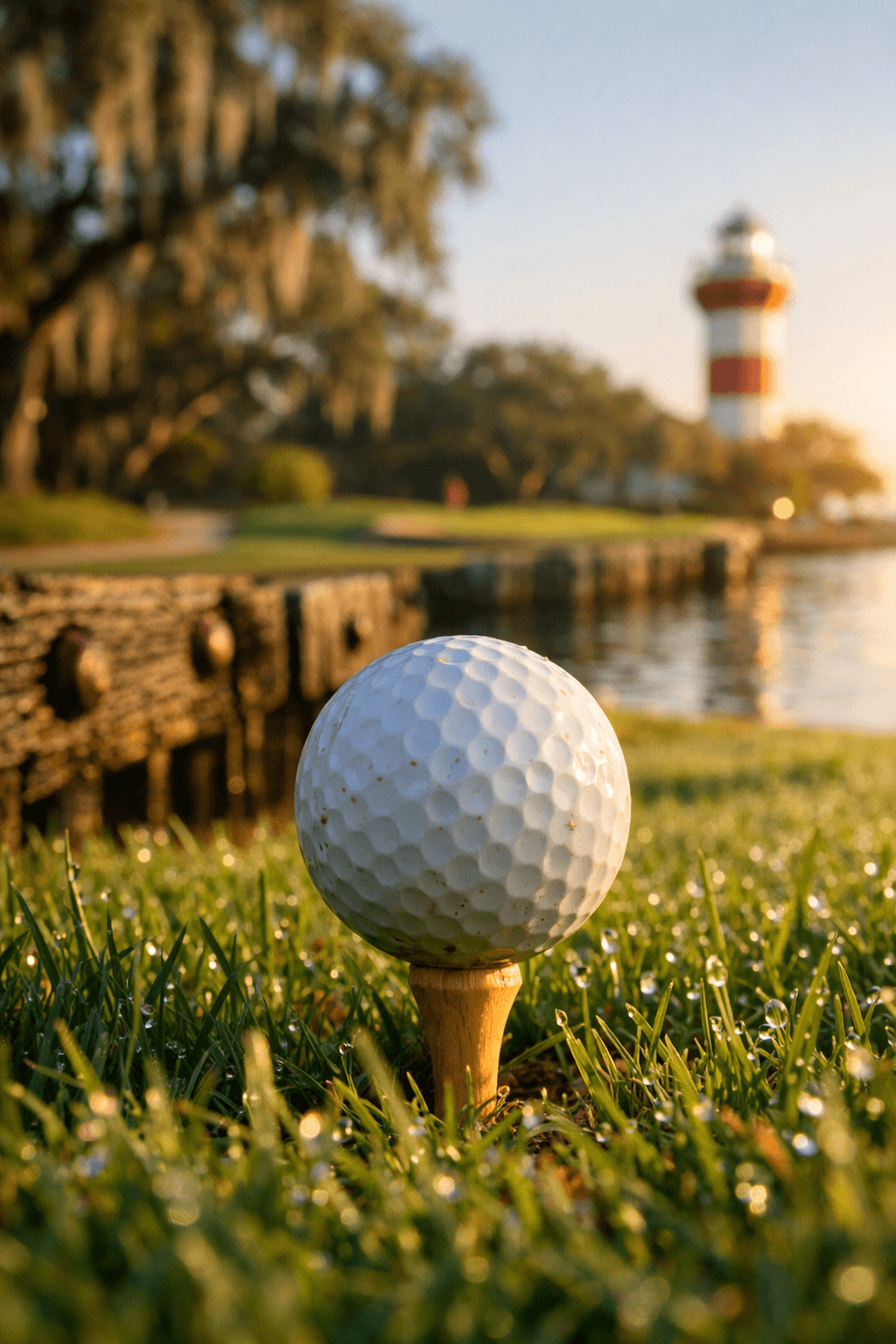 Harbour Town Golf Links: A Must-Play Destination for Golfers 2 Close-up of a scuffed golf ball on a tee, with dew-kissed grass, leading to the Harbour Town Golf Links and lighthouse.
